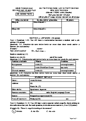 Đề thi tuyển sinh vào Lớp 10 THPT (Chuyên) môn Tiếng Anh - Năm học 2015-2016